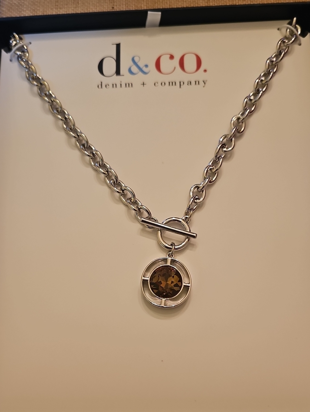 NIB Denim & Co. Silvertone Faux Toggle Circle Drop Statement Necklace